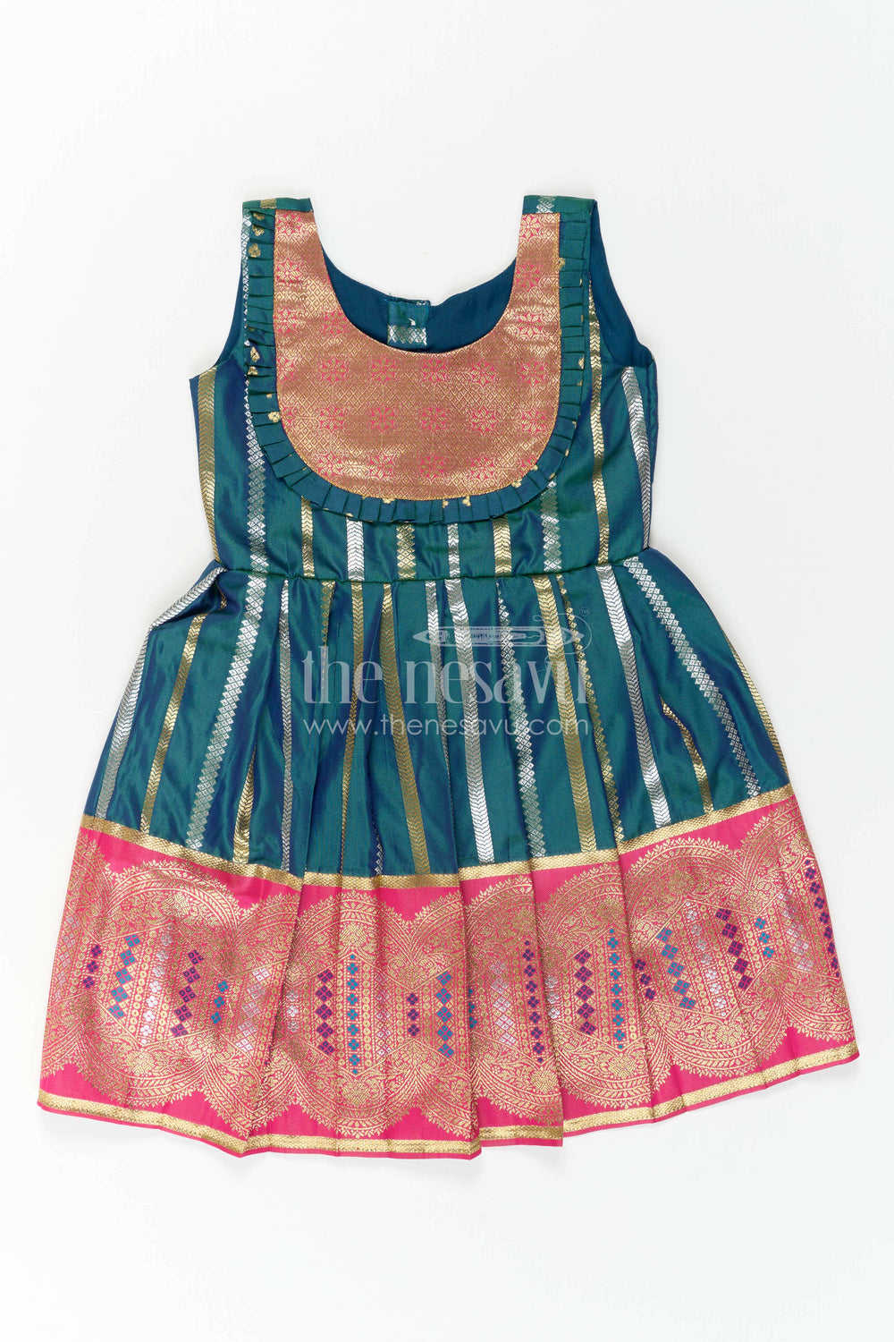 The Nesavu Girls Kanchi Silk Frock Nesavu Baby Girl Kanchi Silk Frock with Woven Stripes and Big Border for Festive Weddings Nesavu Nesavu Baby Girl Kanchi Silk Frock With Woven Stripes And Big Border For Festive Weddings