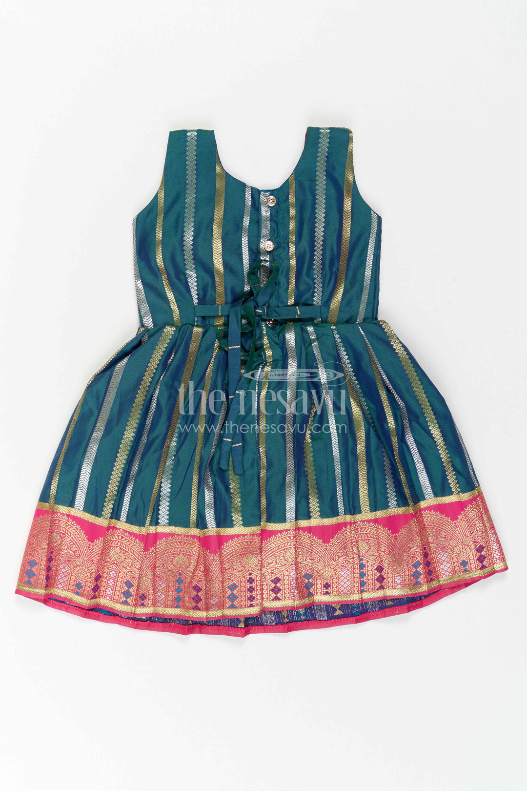 The Nesavu Girls Kanchi Silk Frock Nesavu Baby Girl Kanchi Silk Frock with Woven Stripes and Big Border for Festive Weddings Nesavu Nesavu Baby Girl Kanchi Silk Frock With Woven Stripes And Big Border For Festive Weddings