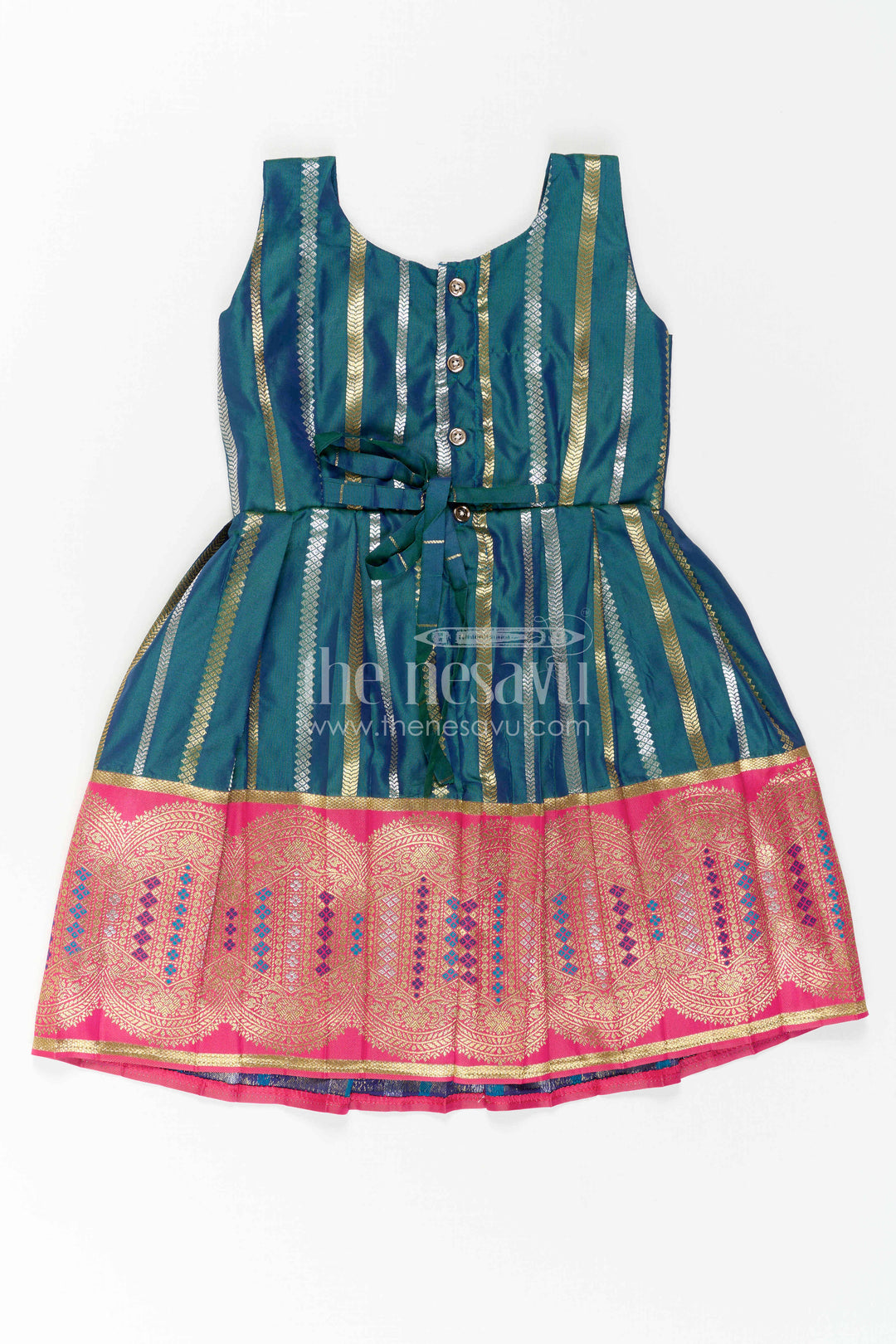 The Nesavu Girls Kanchi Silk Frock Nesavu Baby Girl Kanchi Silk Frock with Woven Stripes and Big Border for Festive Weddings Nesavu Nesavu Baby Girl Kanchi Silk Frock With Woven Stripes And Big Border For Festive Weddings