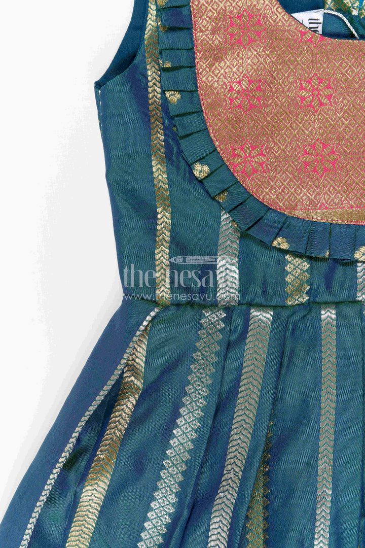 The Nesavu Girls Kanchi Silk Frock Nesavu Baby Girl Kanchi Silk Frock with Woven Stripes and Big Border for Festive Weddings Nesavu Nesavu Baby Girl Kanchi Silk Frock With Woven Stripes And Big Border For Festive Weddings