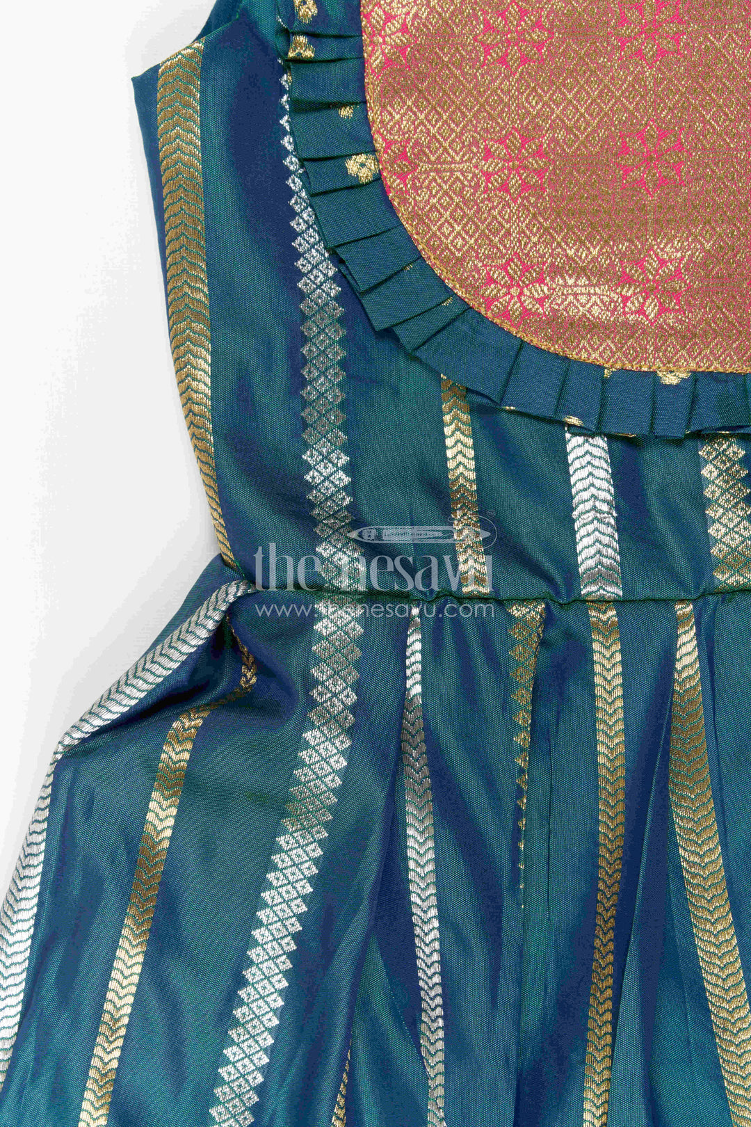 The Nesavu Girls Kanchi Silk Frock Nesavu Baby Girl Kanchi Silk Frock with Woven Stripes and Big Border for Festive Weddings Nesavu Nesavu Baby Girl Kanchi Silk Frock With Woven Stripes And Big Border For Festive Weddings
