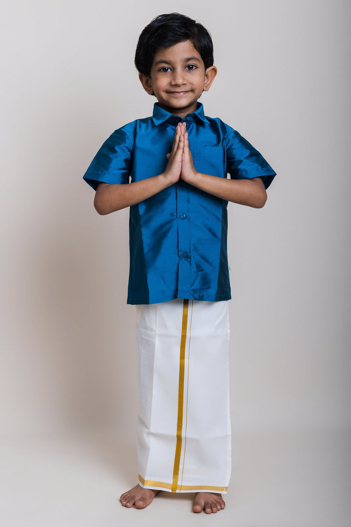 The Nesavu Boys Vesti Nesavu Boys Cream White Readymade Dhoti with Golden Zari Border Nesavu 16 (1Y) / White D002-16 Single Layer Cream White Dhoti for Boys | Boys Indian Ethnic Wear | The Nesavu