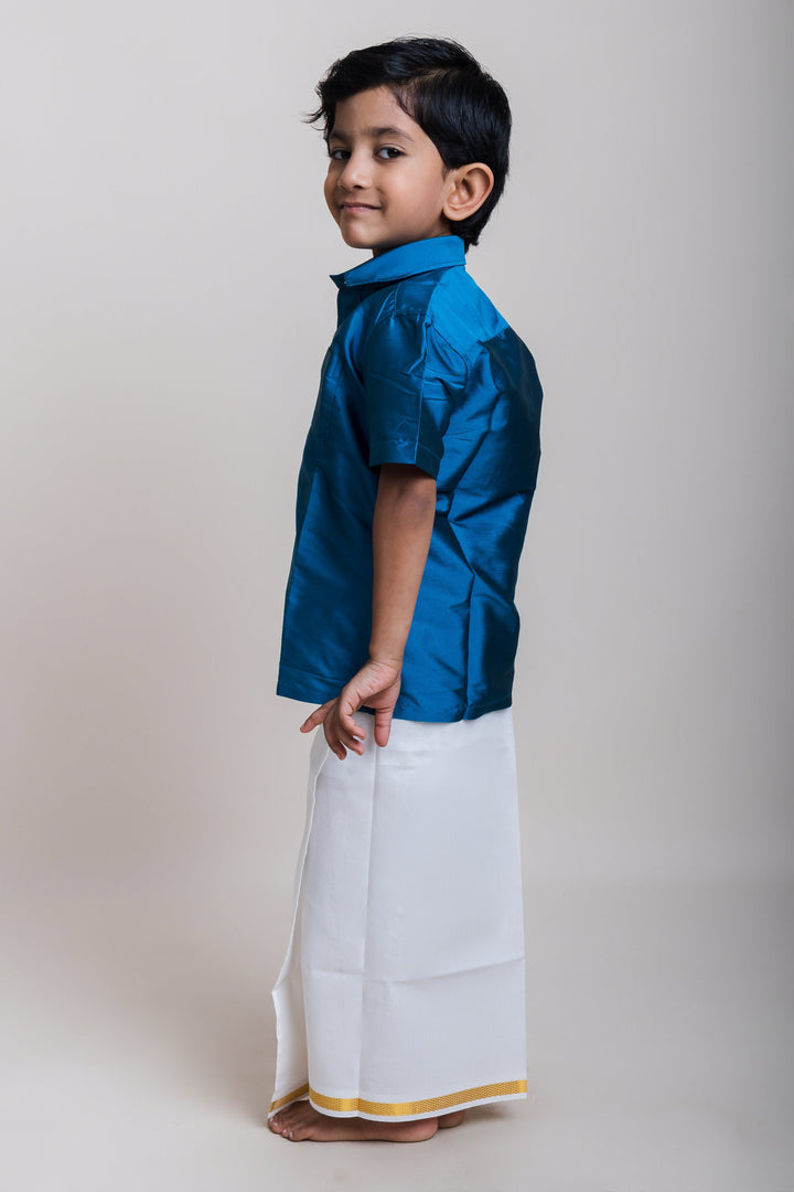 The Nesavu Boys Vesti Nesavu Boys Cream White Readymade Dhoti with Golden Zari Border Nesavu Single Layer Cream White Dhoti for Boys | Boys Indian Ethnic Wear | The Nesavu