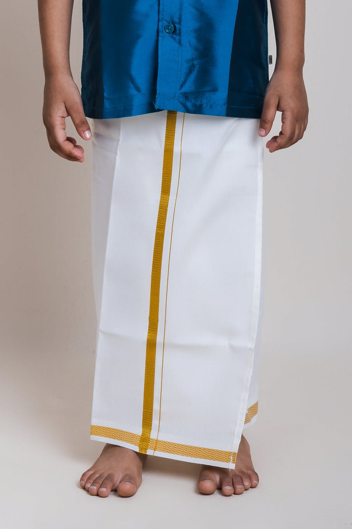 The Nesavu Boys Vesti Nesavu Boys Cream White Readymade Dhoti with Golden Zari Border Nesavu Single Layer Cream White Dhoti for Boys | Boys Indian Ethnic Wear | The Nesavu