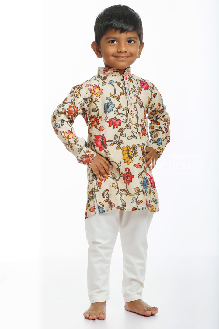 The Nesavu Boys Kurtha Set Nesavu Boys Floral Print Kurta Cream Pant Set Nesavu 18 (2Y) / Beige / Blend Silk BES525A-18 Colorful Boys Floral Print Kurta Set | Perfect for Every Festive Occasion | The Nesavu