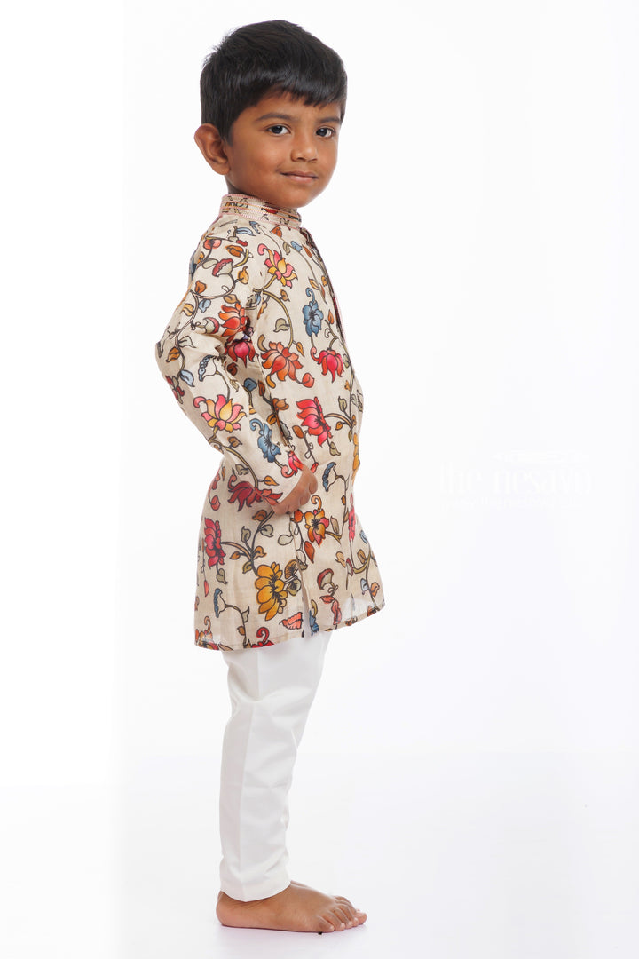 The Nesavu Boys Kurtha Set Nesavu Boys Floral Print Kurta Cream Pant Set Nesavu Colorful Boys Floral Print Kurta Set | Perfect for Every Festive Occasion | The Nesavu