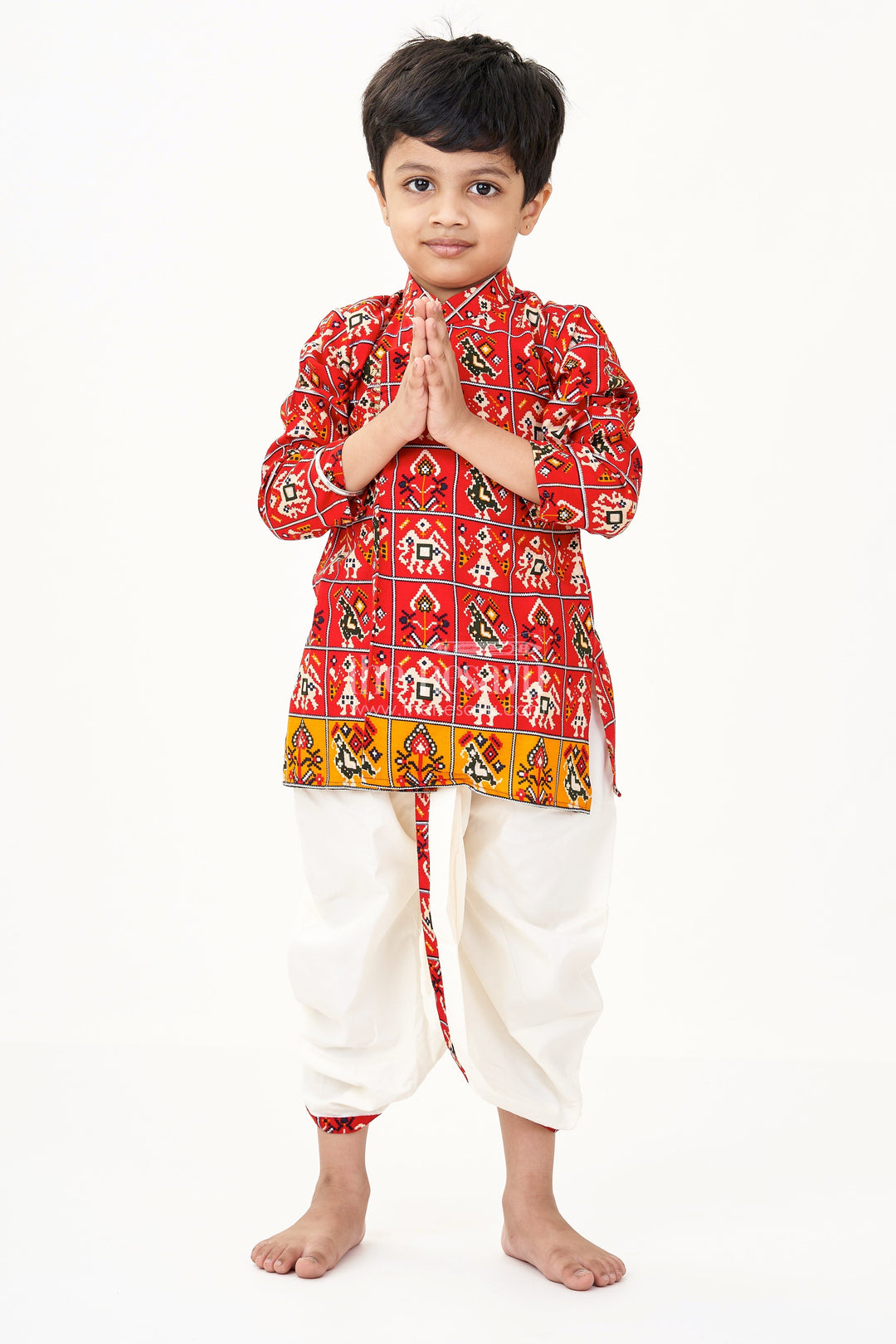 The Nesavu Boys Dothi Set Nesavu Boys Kurta Set with Red Patola Digital Print and Cream Dhoti Pant in Viscose Blend Nesavu 16 (1Y) / Red BES694A-16 Boys Kurta Set Red Patola Digital Print Cream Dhoti Pant Viscose Blend | The Nesavu