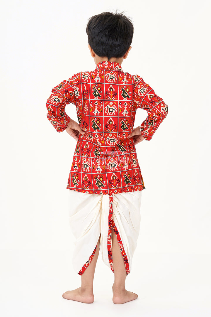 The Nesavu Boys Dothi Set Nesavu Boys Kurta Set with Red Patola Digital Print and Cream Dhoti Pant in Viscose Blend Nesavu Boys Kurta Set Red Patola Digital Print Cream Dhoti Pant Viscose Blend | The Nesavu