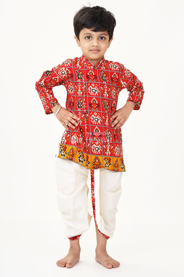 The Nesavu Boys Dothi Set Nesavu Boys Kurta Set with Red Patola Digital Print and Cream Dhoti Pant in Viscose Blend Nesavu Boys Kurta Set Red Patola Digital Print Cream Dhoti Pant Viscose Blend | The Nesavu
