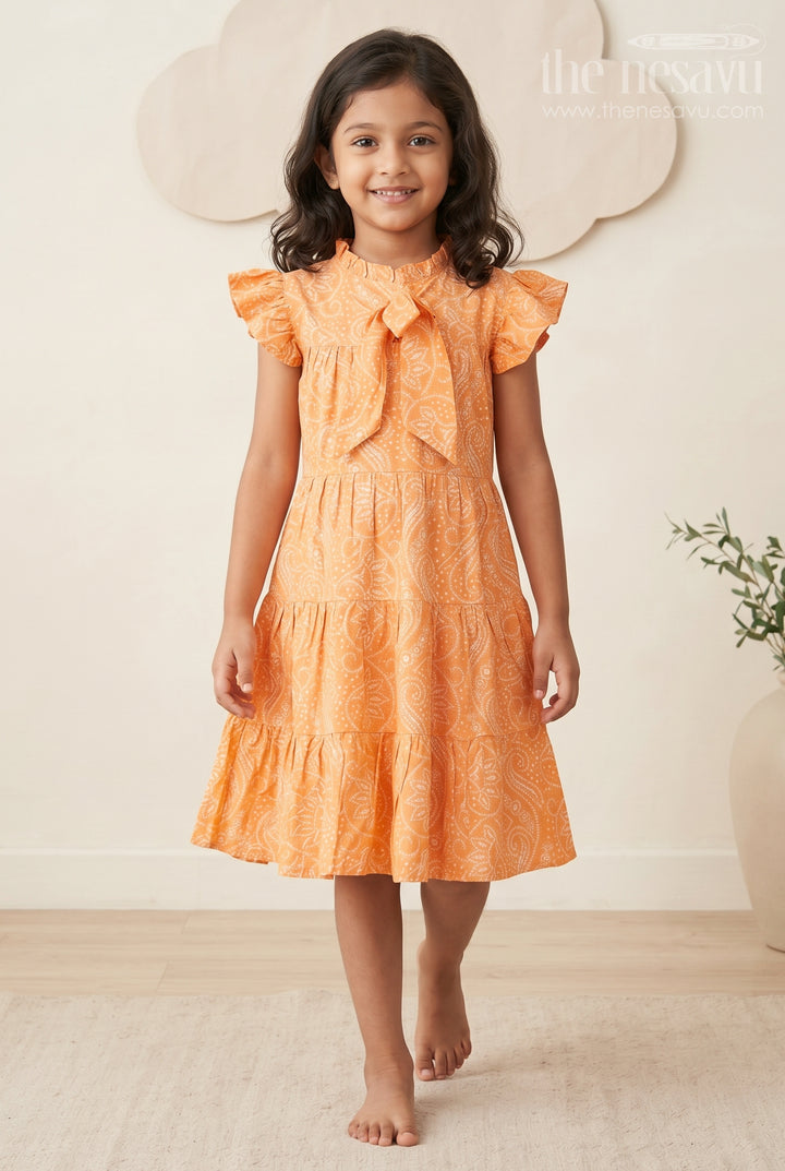 The Nesavu Girls Cotton Frock Nesavu Casual Cotton Frocks for Girls in Rayon with Orange Bandhani Print and Gold Foil Details Nesavu 18 (2Y) / Orange GFC1698B-18 Casual Cotton Frocks Girls Rayon Orange Bandhani Print Gold Foil Details | The Nesavu