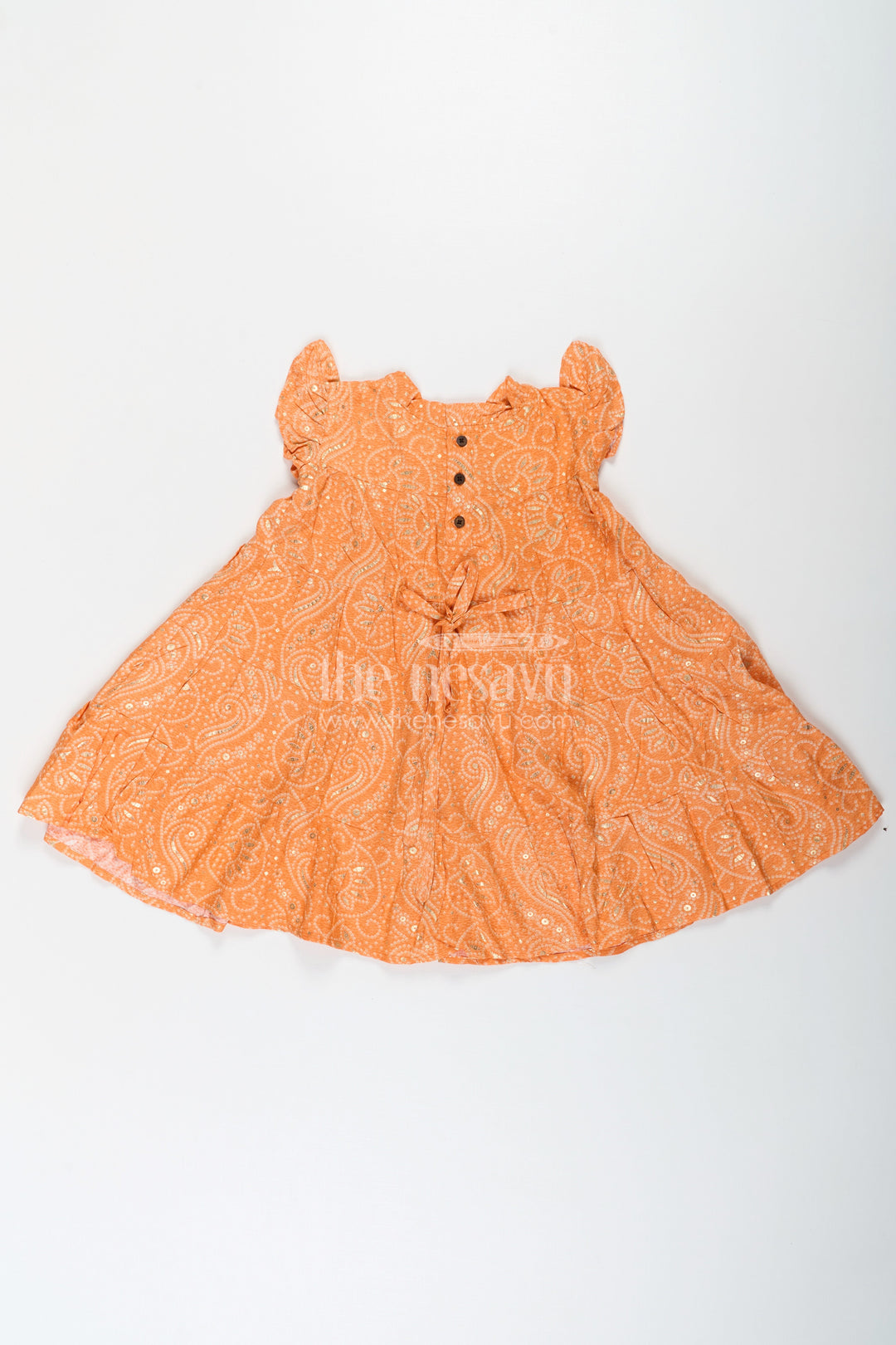 The Nesavu Girls Cotton Frock Nesavu Casual Cotton Frocks for Girls in Rayon with Orange Bandhani Print and Gold Foil Details Nesavu Casual Cotton Frocks Girls Rayon Orange Bandhani Print Gold Foil Details | The Nesavu