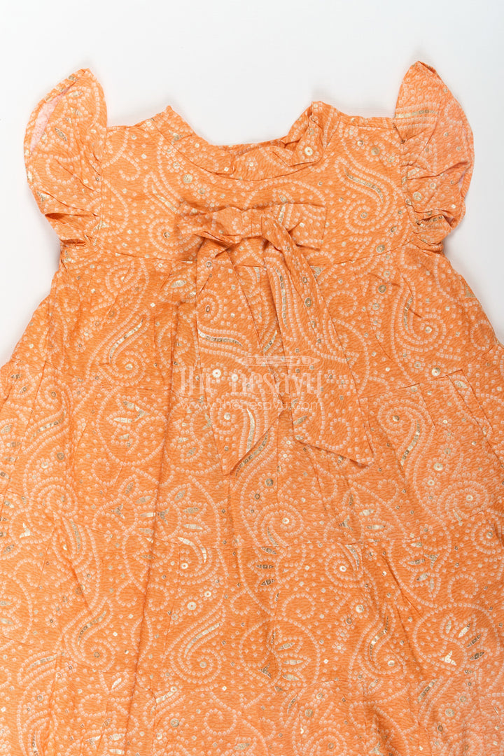 The Nesavu Girls Cotton Frock Nesavu Casual Cotton Frocks for Girls in Rayon with Orange Bandhani Print and Gold Foil Details Nesavu Casual Cotton Frocks Girls Rayon Orange Bandhani Print Gold Foil Details | The Nesavu