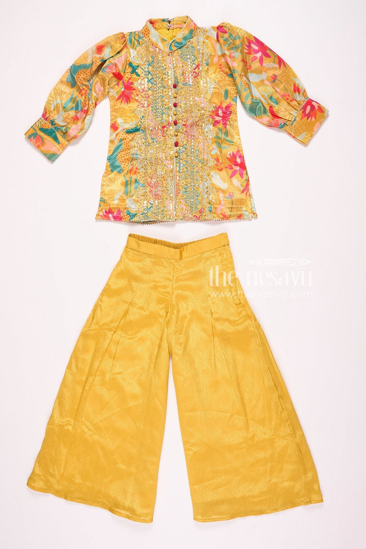 The Nesavu Girls Sharara / Plazo Set Nesavu Chinon Long Dress Indian Style with Plazo for Girls Dussehra Special Nesavu 22 (4Y) / Yellow GPS319A-22 Nesavu Chinon Long Dress Indian Style with Plazo for Girls | Dussehra Special