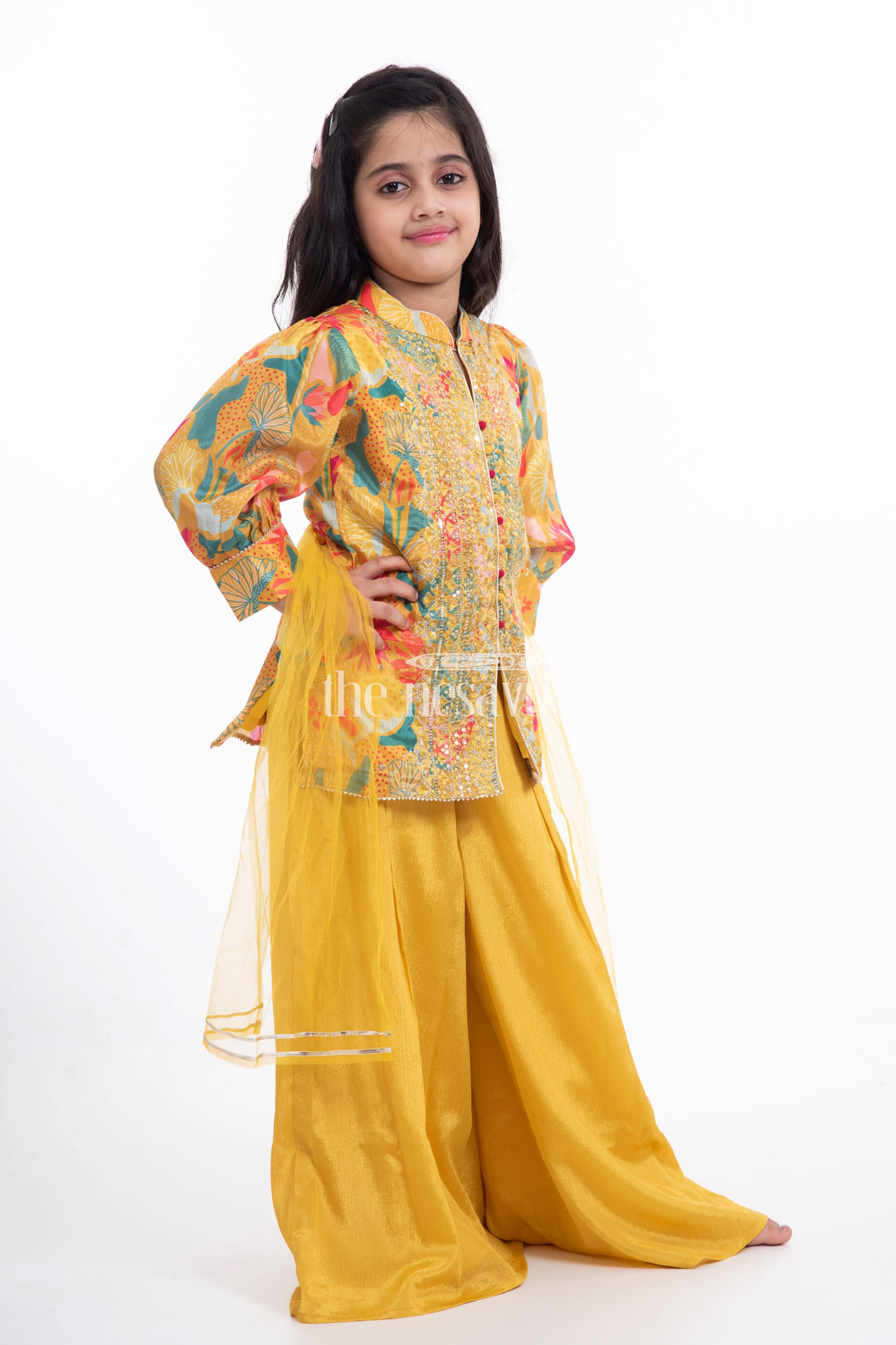 The Nesavu Girls Sharara / Plazo Set Nesavu Chinon Long Dress Indian Style with Plazo for Girls Dussehra Special Nesavu Chinon Long Dress Indian Style with Plazo for Girls Dussehra Special | The Nesavu