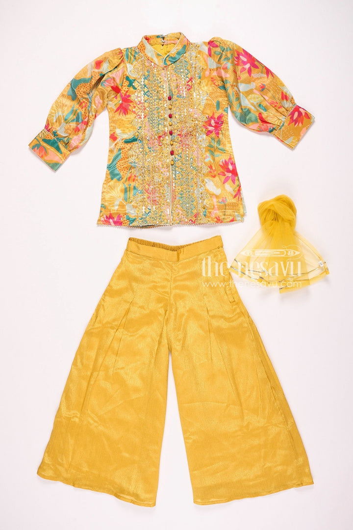 The Nesavu Girls Sharara / Plazo Set Nesavu Chinon Long Dress Indian Style with Plazo for Girls Dussehra Special Nesavu Nesavu Chinon Long Dress Indian Style with Plazo for Girls | Dussehra Special