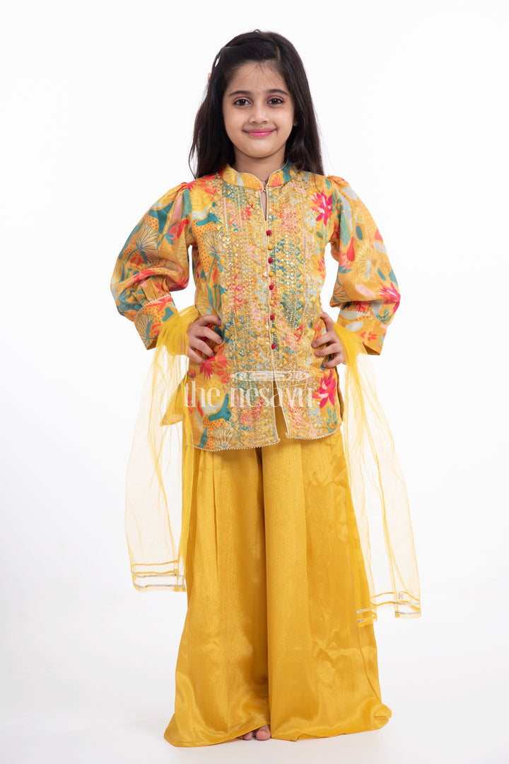 The Nesavu Girls Sharara / Plazo Set Nesavu Chinon Long Dress Indian Style with Plazo for Girls Dussehra Special Nesavu Nesavu Chinon Long Dress Indian Style with Plazo for Girls | Dussehra Special