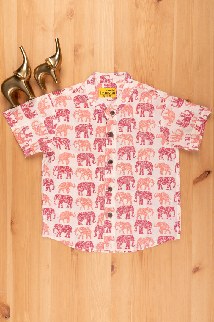 The Nesavu Boys Cotton Shirt Nesavu Fancy Elephant Design Printed Half White Cotton Shirt for Boys psr silks Nesavu