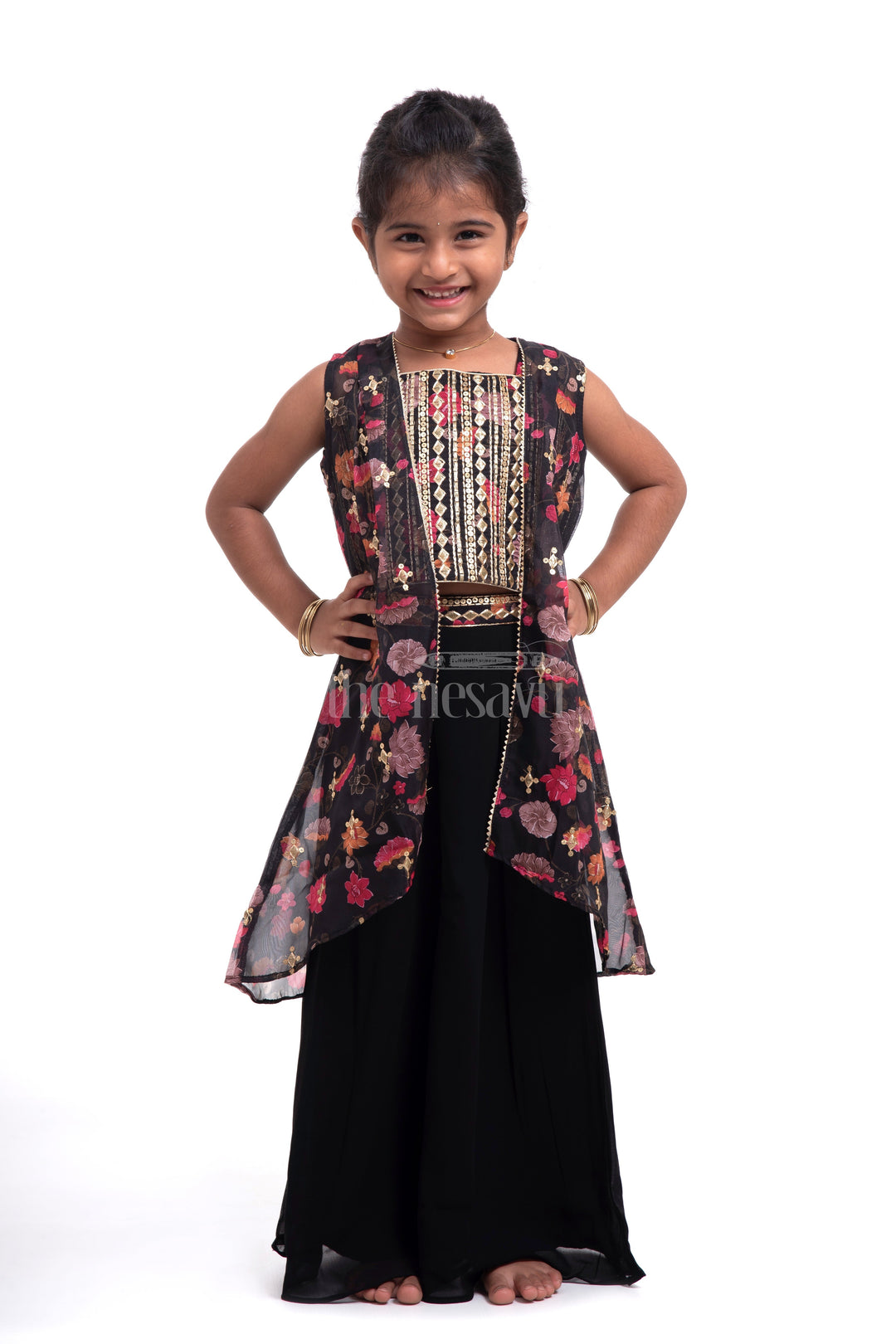 The Nesavu Girls Sharara / Plazo Set Nesavu Georgette Printed Long Dress Indian Style for Girls Diwali Festive Wear Nesavu 22 (4Y) / Black GPS320A-22 Nesavu Georgette Printed Long Dress Indian Style for Girls | Diwali Festive Wear