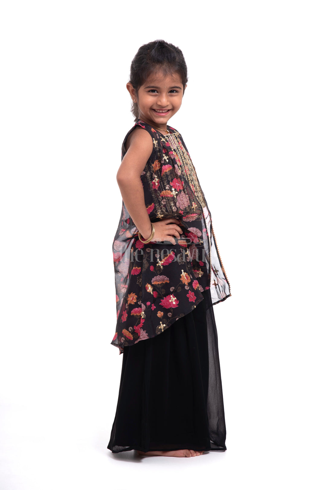 The Nesavu Girls Sharara / Plazo Set Nesavu Georgette Printed Long Dress Indian Style for Girls Diwali Festive Wear Nesavu 22 (4Y) / Black GPS320A-22 Nesavu Georgette Printed Long Dress Indian Style for Girls | Diwali Festive Wear