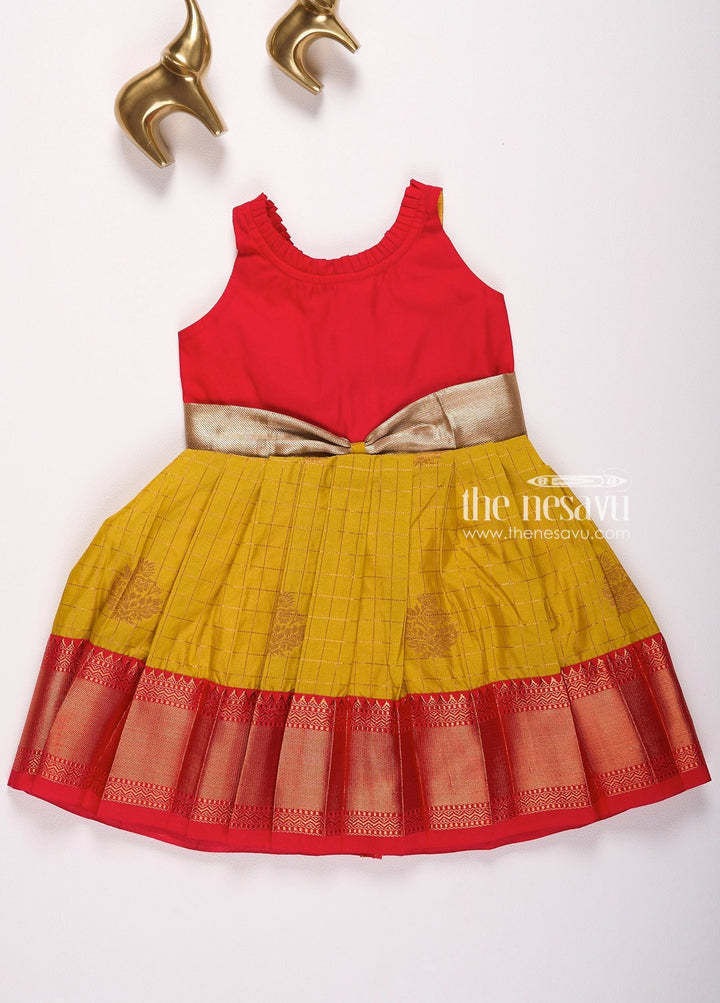 The Nesavu Girls Kanchi Silk Frock Nesavu Kanchi Pattu Silk Blend Frock for Girls Saree-Inspired Design for Muhurtham Nesavu 14 (6M) / Mustard / Style 4 SF894D-14 Nesavu Saree-Inspired Kanchi Pattu Silk Blend Frock for Girls | Muhurtham