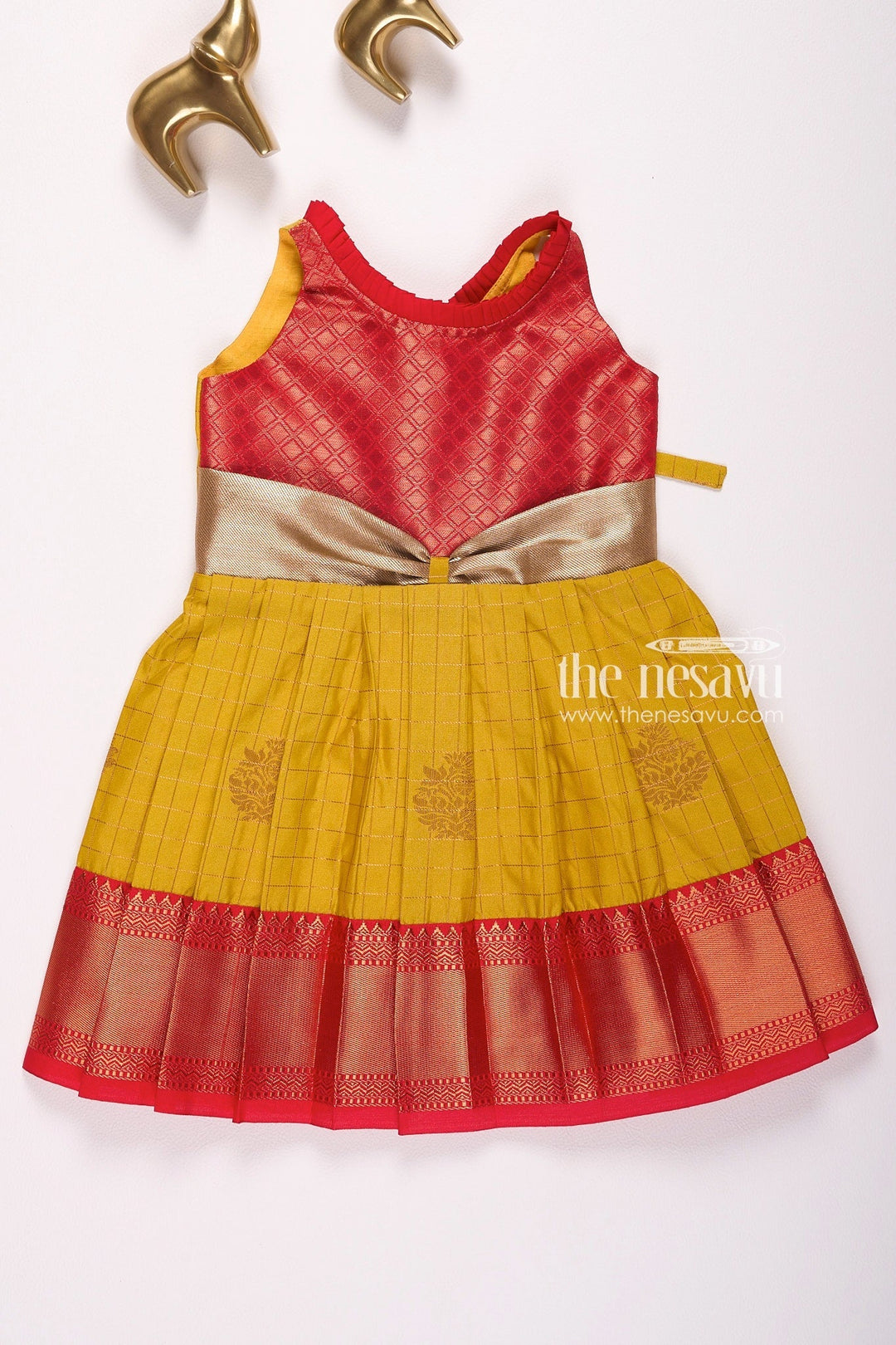 The Nesavu Girls Kanchi Silk Frock Nesavu Kanchi Pattu Silk Blend Frock for Girls Saree-Inspired Design for Muhurtham Nesavu 16 (1Y) / Mustard / Style 3 SF894C-16 Nesavu Saree-Inspired Kanchi Pattu Silk Blend Frock for Girls | Muhurtham