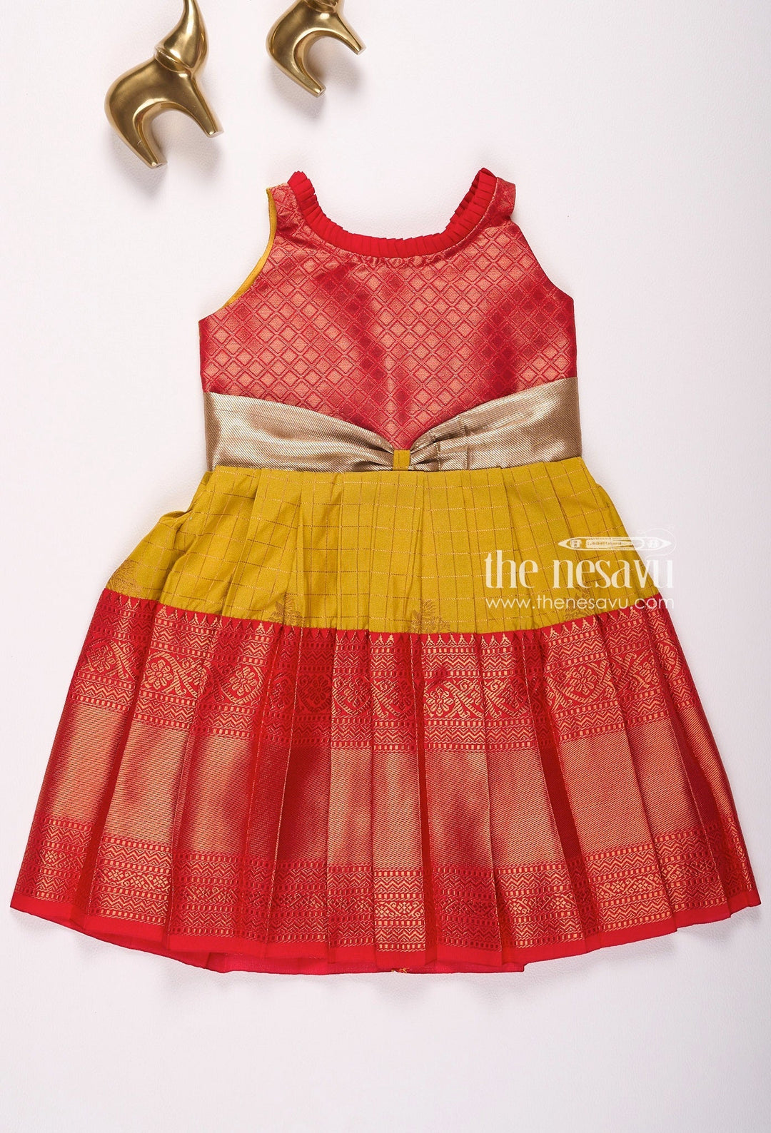 The Nesavu Girls Kanchi Silk Frock Nesavu Kanchi Pattu Silk Blend Frock for Girls Saree-Inspired Design for Muhurtham Nesavu 18 (2Y) / Mustard / Style 1 SF894A-18 Nesavu Saree-Inspired Kanchi Pattu Silk Blend Frock for Girls | Muhurtham