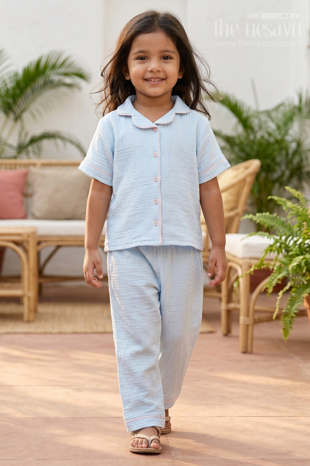 The Nesavu Girls Co-Ord Sets Nesavu Kids Muslin Cotton Lounge Co Ord Set with Relaxed Fit for Travel and Sleepwear Nesavu 16 (1Y) / Blue / Muslin Cotton GCS060A-16 Nesavu Kids Muslin Cotton Lounge Co Ord Set With Relaxed Fit For Travel And Sleepwear