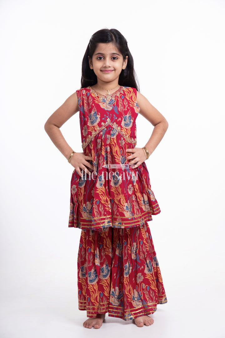 The Nesavu Girls Sharara / Plazo Set Nesavu Modal Silk Printed Daily Wear Sharara Plazo Suit for Girls Simple Festive Wear Nesavu Modal Silk Daily Wear Sharara Plazo Suit for Girls Festive Wear | The Nesavu