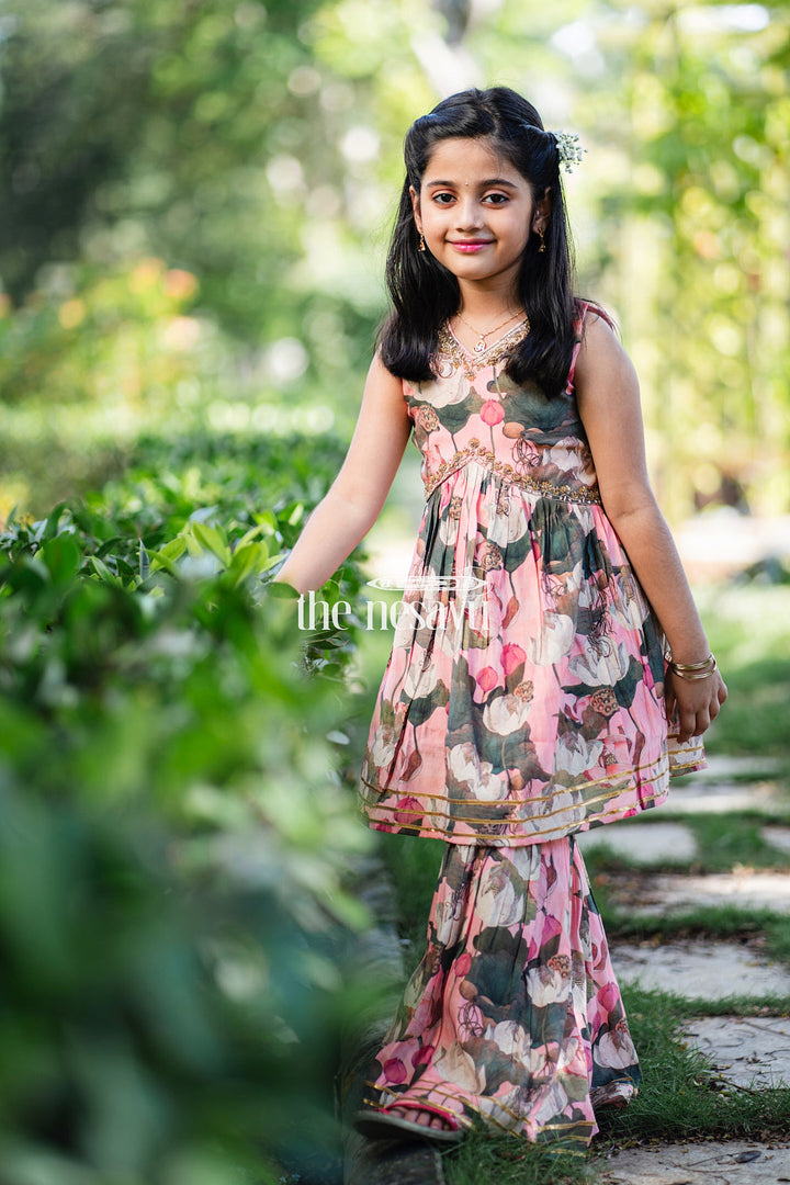 The Nesavu Girls Sharara / Plazo Set Nesavu Modal Silk Printed Heavy Sharara Dress for Girls Durga Puja Festive Wear Nesavu 16 (1Y) / Pink GPS309B-16 Nesavu Modal Silk Heavy Sharara Dress for Girls | Durga Puja Festive Wear