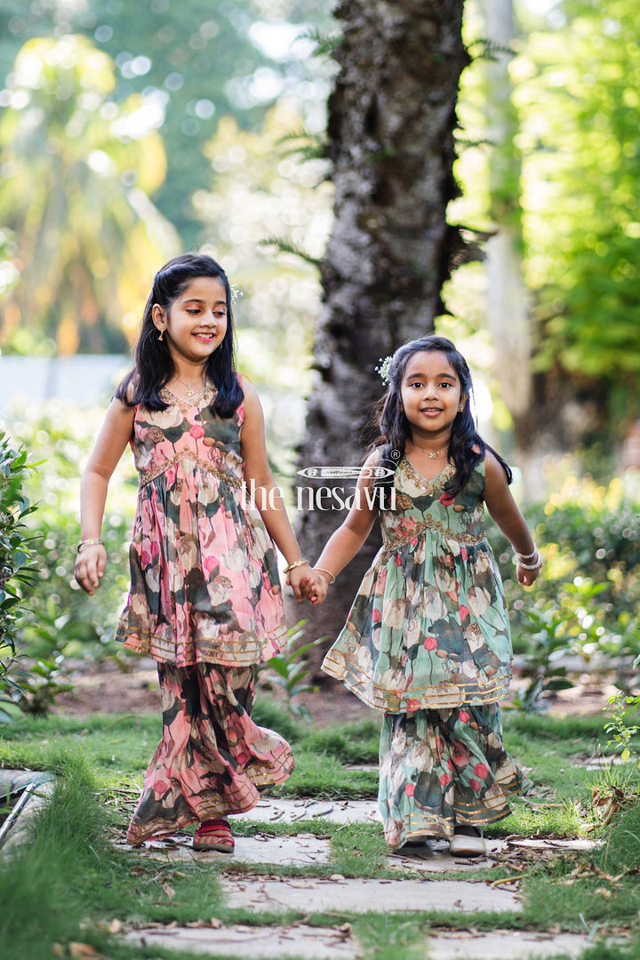 The Nesavu Girls Sharara / Plazo Set Nesavu Modal Silk Printed Heavy Sharara Dress for Girls Durga Puja Festive Wear Nesavu Nesavu Modal Silk Heavy Sharara Dress for Girls | Durga Puja Festive Wear