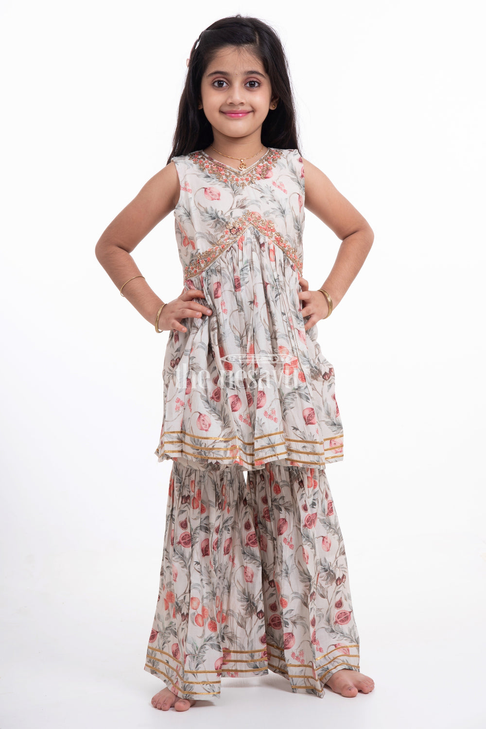 The Nesavu Girls Sharara / Plazo Set Nesavu Modal Silk Printed Sharara Choli Dress for Girls  Diwali and Navratri Festive Wear Nesavu Nesavu Modal Silk Sharara Choli Dress for Girls | Diwali and Navratri Festive Wear