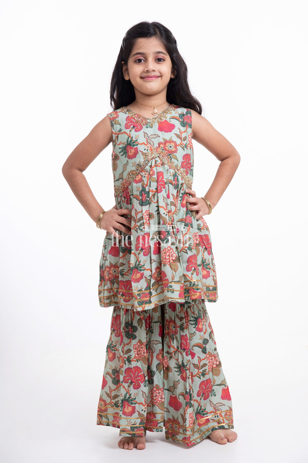 The Nesavu Girls Sharara / Plazo Set Nesavu Modal Silk Printed Sharara Dress for Girls Diwali and Dussehra Special Nesavu Modal Silk Sharara Dress for Girls Diwali and Dussehra Special | The Nesavu