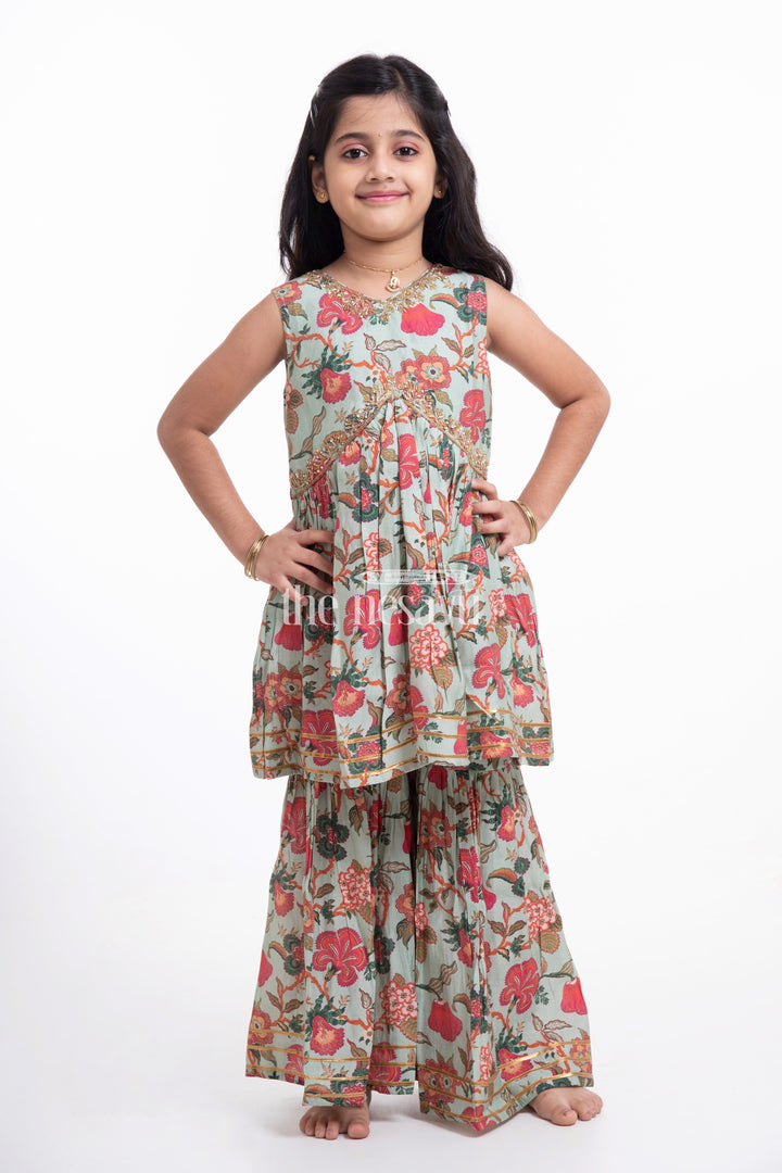 The Nesavu Girls Sharara / Plazo Set Nesavu Modal Silk Printed Sharara Dress for Girls Diwali and Dussehra Special Nesavu Modal Silk Sharara Dress for Girls Diwali and Dussehra Special | The Nesavu