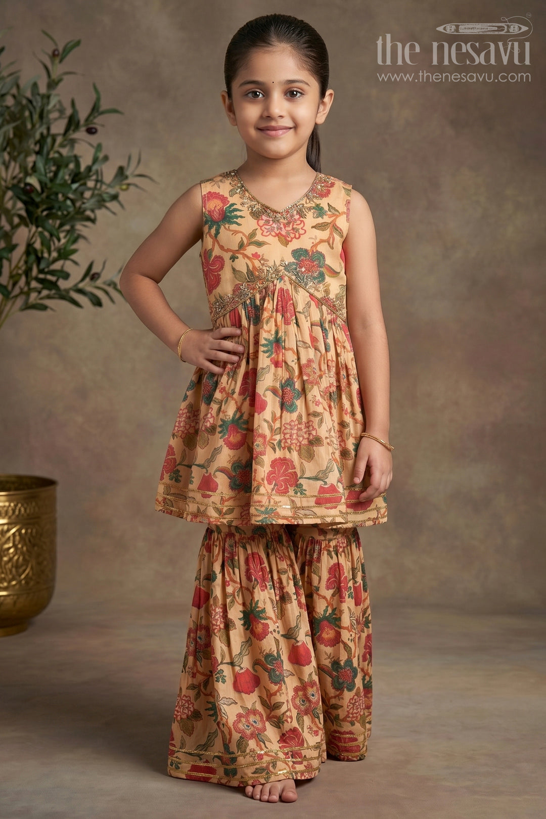 The Nesavu Girls Sharara / Plazo Set Nesavu Modal Silk Printed Sharara Dress for Girls Ganesh Chaturthi Festive Wear Nesavu 16 (1Y) / Cream GPS307A-16 Modal Silk Sharara Dress for Girls Ganesh Chaturthi Festive Wear | The Nesavu