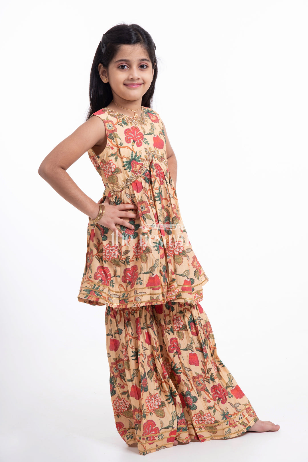 The Nesavu Girls Sharara / Plazo Set Nesavu Modal Silk Printed Sharara Dress for Girls Ganesh Chaturthi Festive Wear Nesavu Modal Silk Sharara Dress for Girls Ganesh Chaturthi Festive Wear | The Nesavu