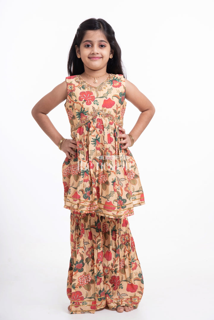 The Nesavu Girls Sharara / Plazo Set Nesavu Modal Silk Printed Sharara Dress for Girls Ganesh Chaturthi Festive Wear Nesavu Nesavu Modal Silk Sharara Dress for Girls | Ganesh Chaturthi Festive Wear