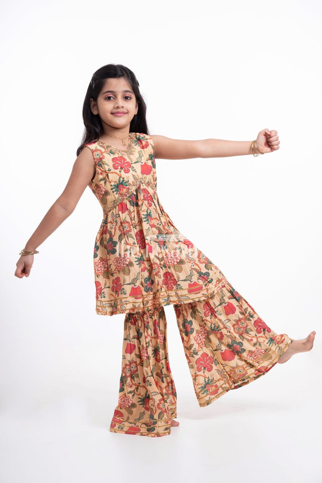 The Nesavu Girls Sharara / Plazo Set Nesavu Modal Silk Printed Sharara Dress for Girls Ganesh Chaturthi Festive Wear Nesavu Nesavu Modal Silk Sharara Dress for Girls | Ganesh Chaturthi Festive Wear