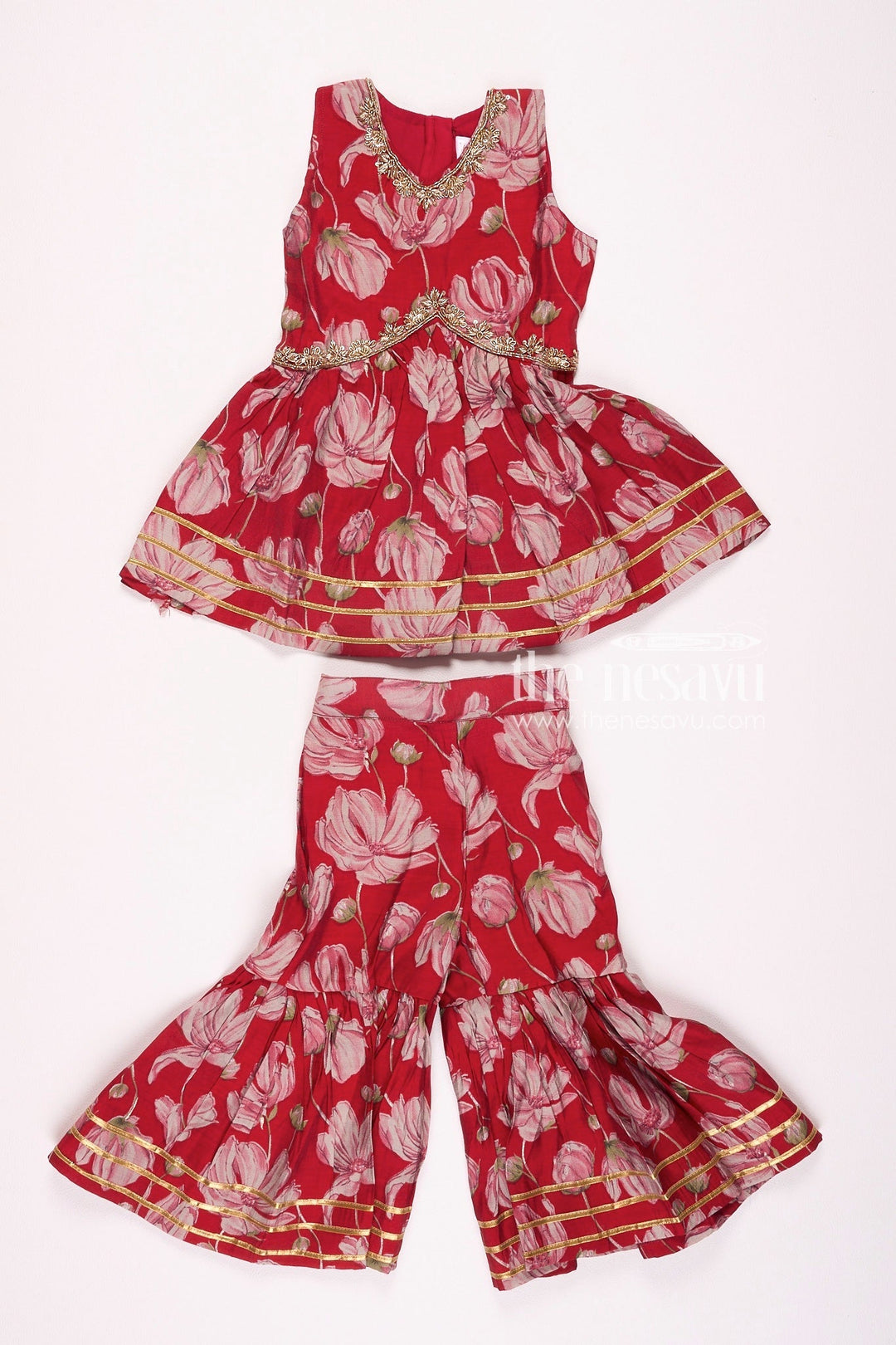 The Nesavu Girls Sharara / Plazo Set Nesavu Modal Silk Printed Sharara Kurti Dress for Girls Dussehra Special Hand Embroidered Outfit Nesavu 16 (1Y) / Maroon GPS308B-16 Nesavu Modal Silk Sharara Kurti Dress for Girls | Dussehra Special