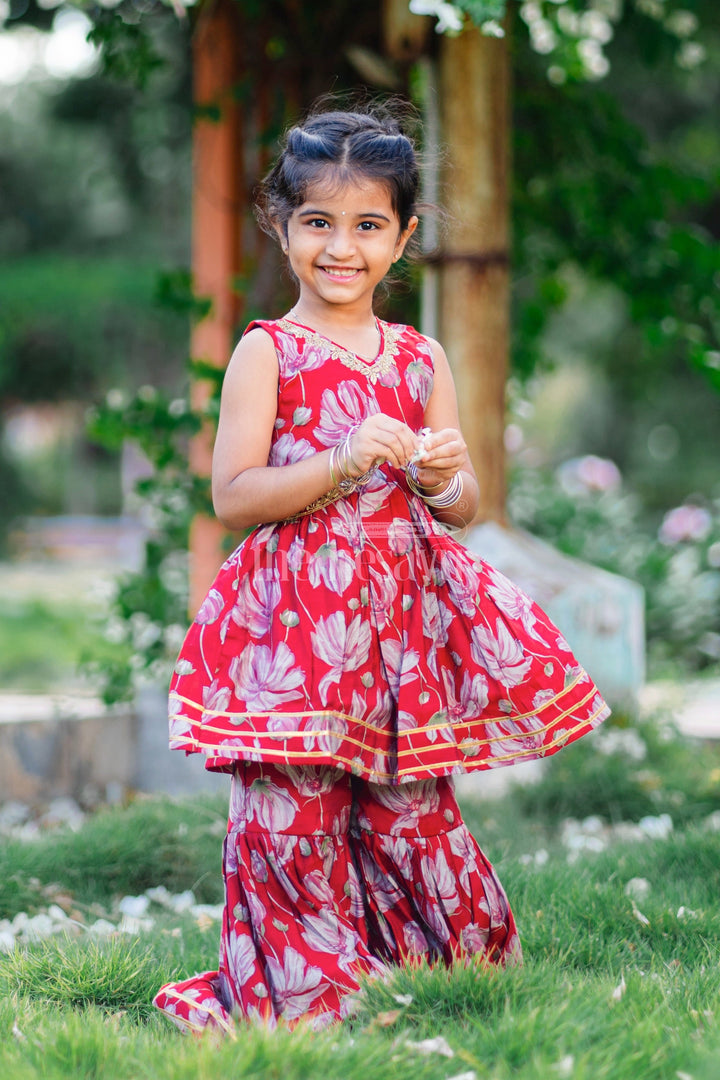 The Nesavu Girls Sharara / Plazo Set Nesavu Modal Silk Printed Sharara Kurti Dress for Girls Dussehra Special Hand Embroidered Outfit Nesavu 16 (1Y) / Maroon GPS308B-16 Nesavu Modal Silk Sharara Kurti Dress for Girls | Dussehra Special