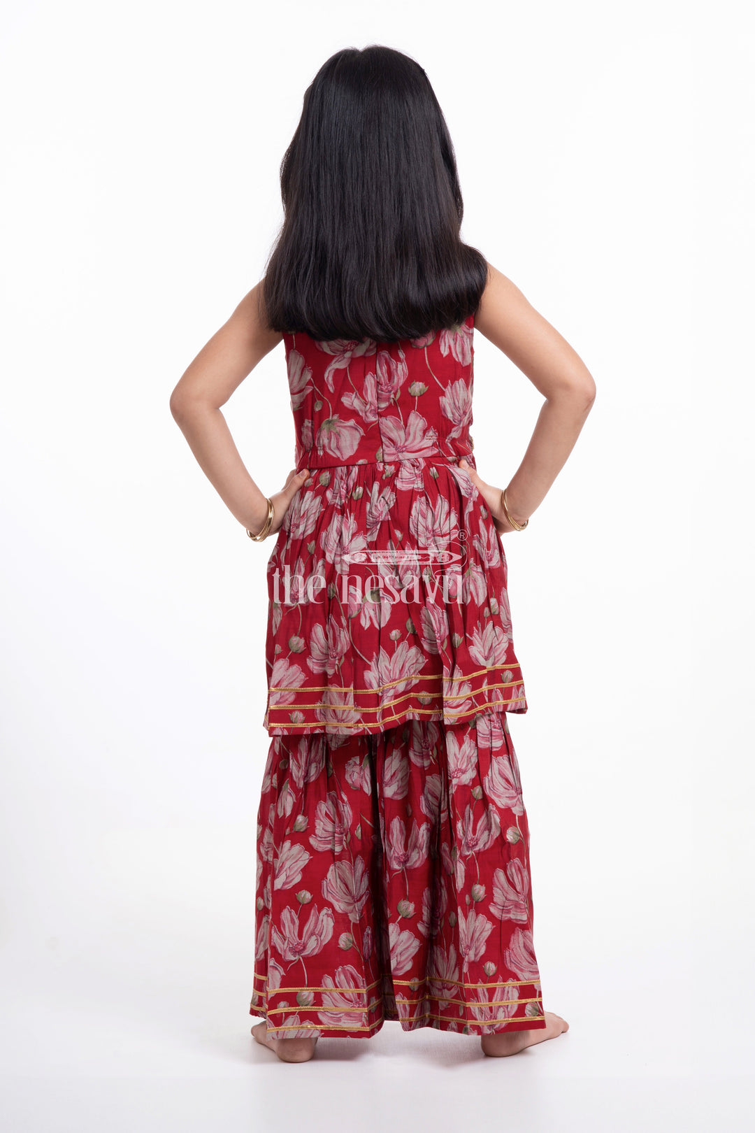 The Nesavu Girls Sharara / Plazo Set Nesavu Modal Silk Printed Sharara Kurti Dress for Girls Dussehra Special Hand Embroidered Outfit Nesavu Modal Silk Sharara Kurti Dress for Girls Dussehra Special | The Nesavu