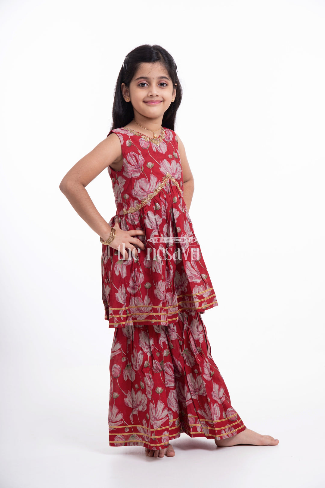 The Nesavu Girls Sharara / Plazo Set Nesavu Modal Silk Printed Sharara Kurti Dress for Girls Dussehra Special Hand Embroidered Outfit Nesavu Modal Silk Sharara Kurti Dress for Girls Dussehra Special | The Nesavu