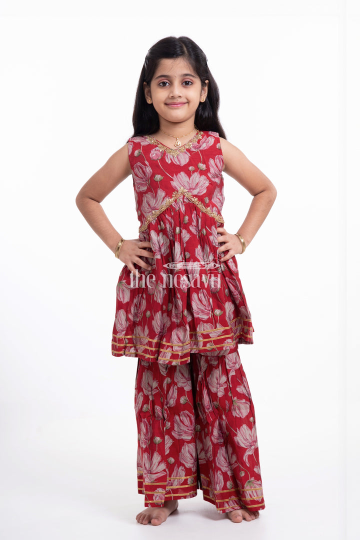The Nesavu Girls Sharara / Plazo Set Nesavu Modal Silk Printed Sharara Kurti Dress for Girls Dussehra Special Hand Embroidered Outfit Nesavu Modal Silk Sharara Kurti Dress for Girls Dussehra Special | The Nesavu