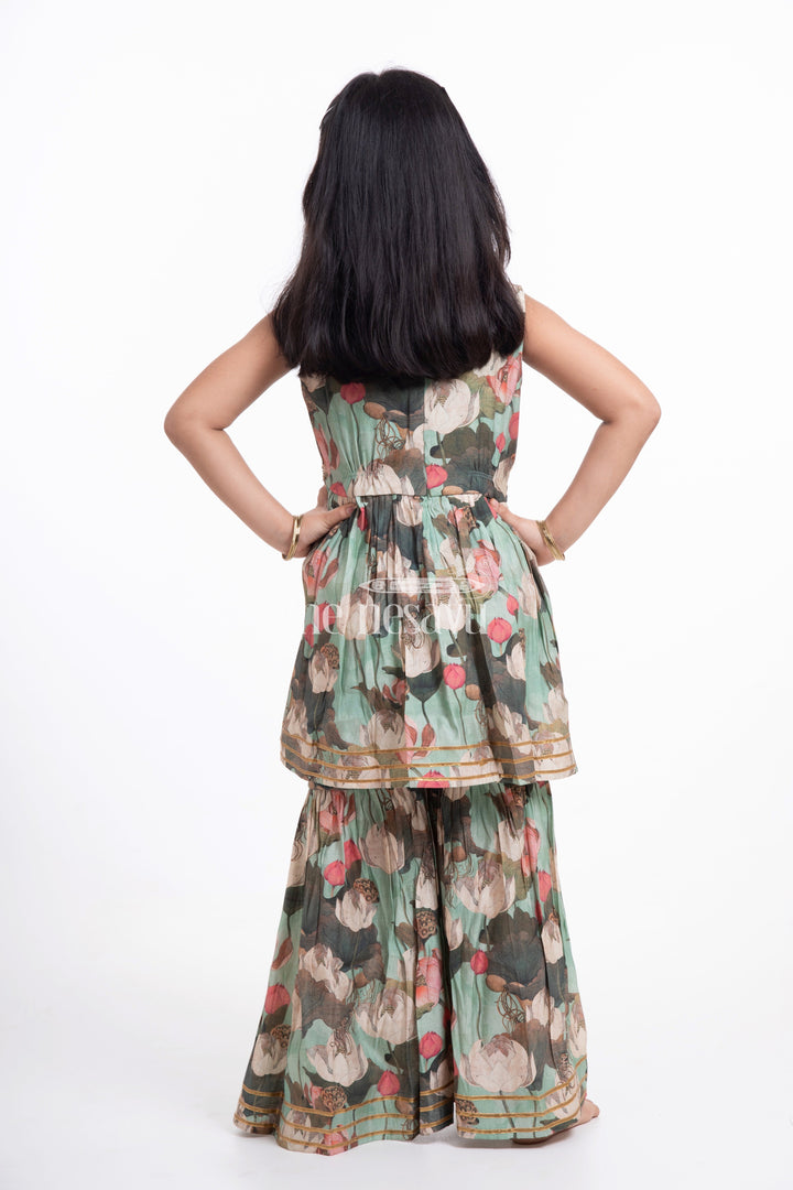 The Nesavu Girls Sharara / Plazo Set Nesavu Modal Silk Printed Sharara Party Wear Dress for Girls Diwali Special Hand Embroidered Nesavu Modal Silk Sharara Party Wear Dress for Girls Diwali Special | The Nesavu