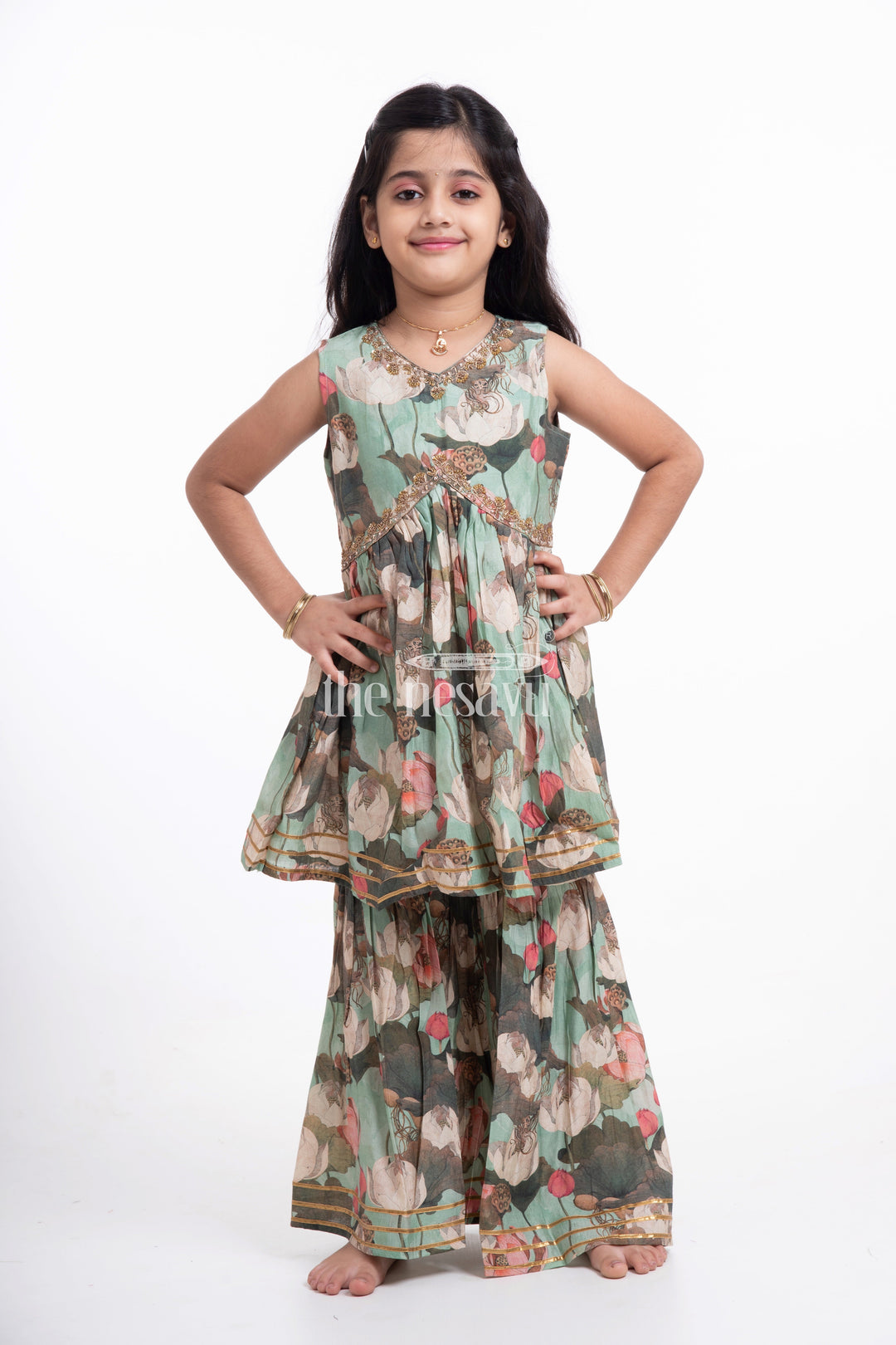 The Nesavu Girls Sharara / Plazo Set Nesavu Modal Silk Printed Sharara Party Wear Dress for Girls Diwali Special Hand Embroidered Nesavu Modal Silk Sharara Party Wear Dress for Girls Diwali Special | The Nesavu