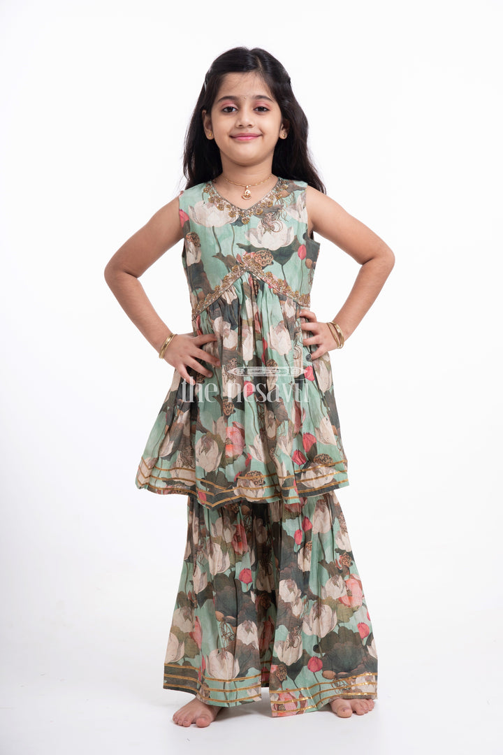 The Nesavu Girls Sharara / Plazo Set Nesavu Modal Silk Printed Sharara Party Wear Dress for Girls Diwali Special Hand Embroidered Nesavu Modal Silk Sharara Party Wear Dress for Girls Diwali Special | The Nesavu