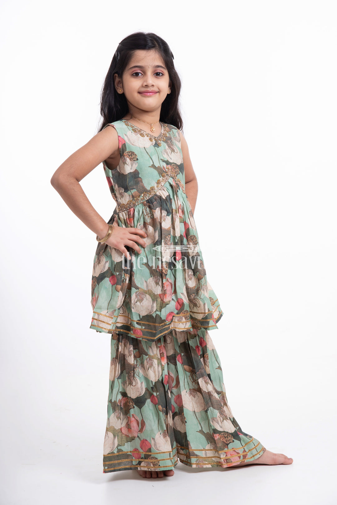 The Nesavu Girls Sharara / Plazo Set Nesavu Modal Silk Printed Sharara Party Wear Dress for Girls Diwali Special Hand Embroidered Nesavu Nesavu Modal Silk Sharara Party Wear Dress for Girls | Diwali Special