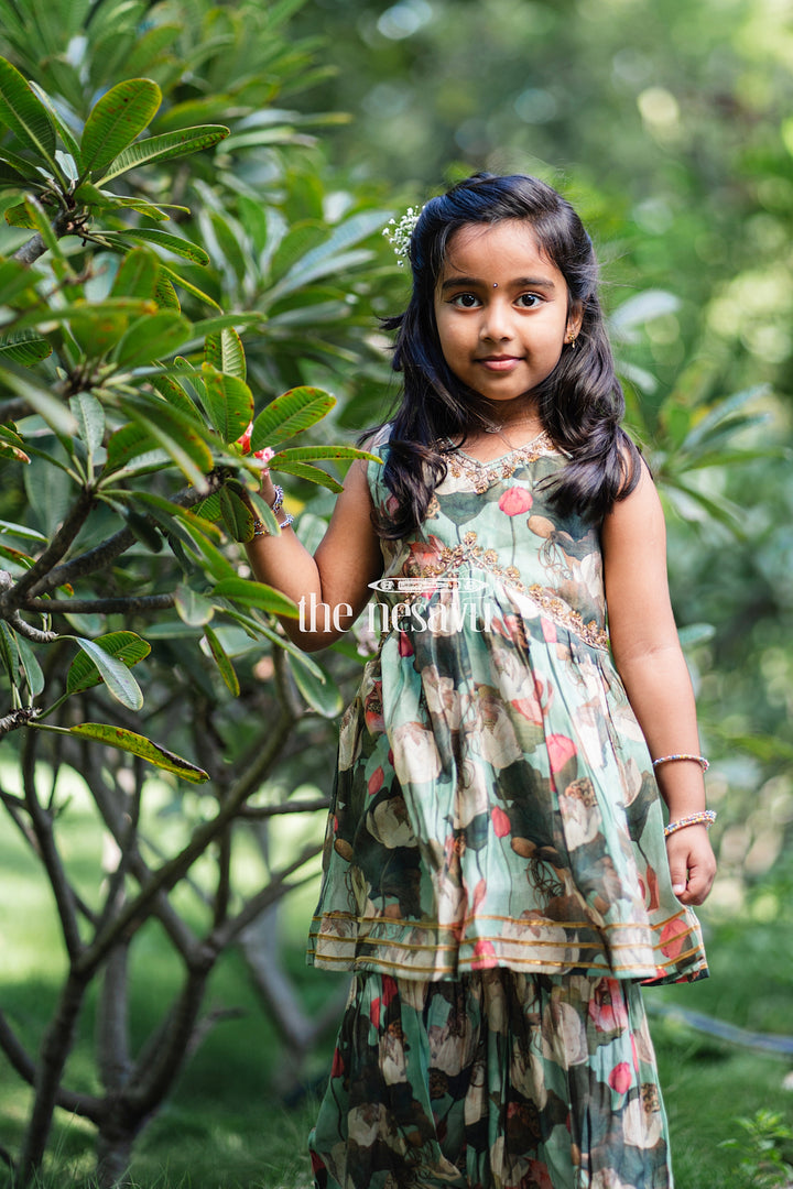 The Nesavu Girls Sharara / Plazo Set Nesavu Modal Silk Printed Sharara Party Wear Dress for Girls Diwali Special Hand Embroidered Nesavu Nesavu Modal Silk Sharara Party Wear Dress for Girls | Diwali Special