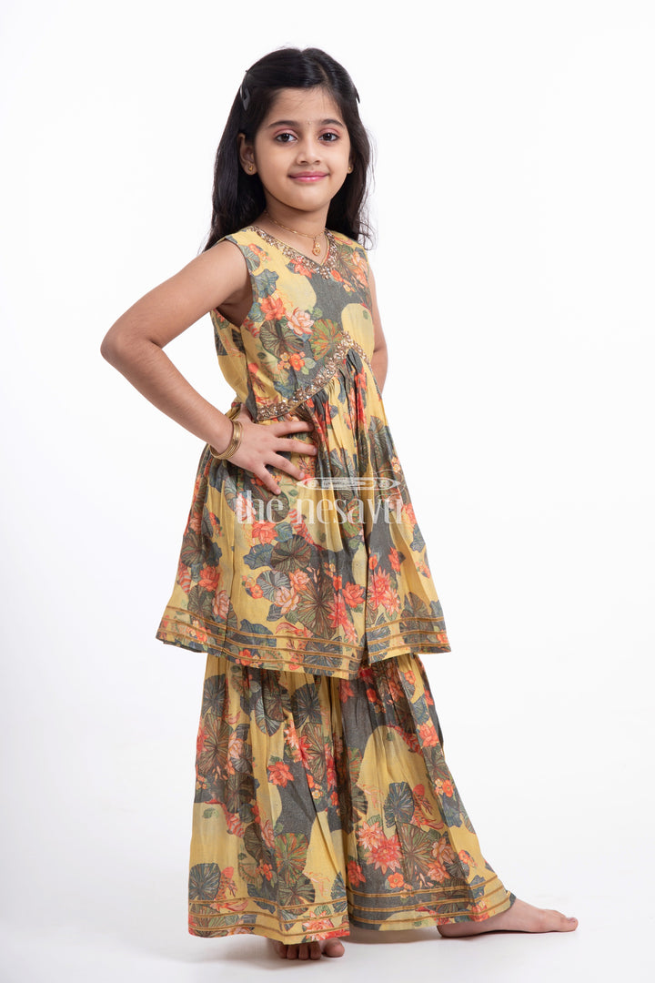 The Nesavu Girls Sharara / Plazo Set Nesavu Modal Silk Printed Sharara Plazo Dress Design for Girls Dussehra Special Hand Embroidered Nesavu Modal Silk Sharara Plazo Dress Design for Girls Dussehra Special | The Nesavu