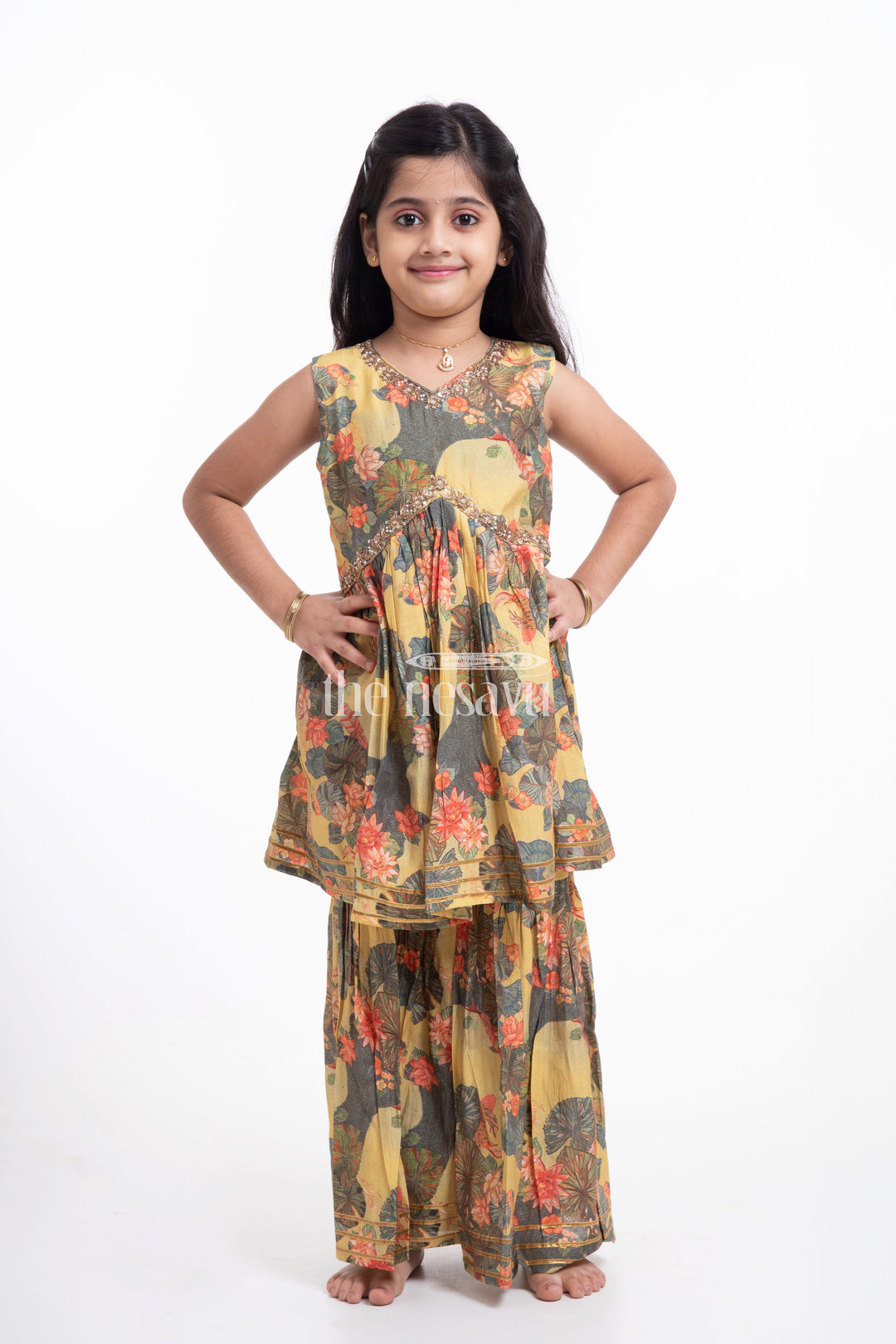 The Nesavu Girls Sharara / Plazo Set Nesavu Modal Silk Printed Sharara Plazo Dress Design for Girls Dussehra Special Hand Embroidered Nesavu Modal Silk Sharara Plazo Dress Design for Girls Dussehra Special | The Nesavu