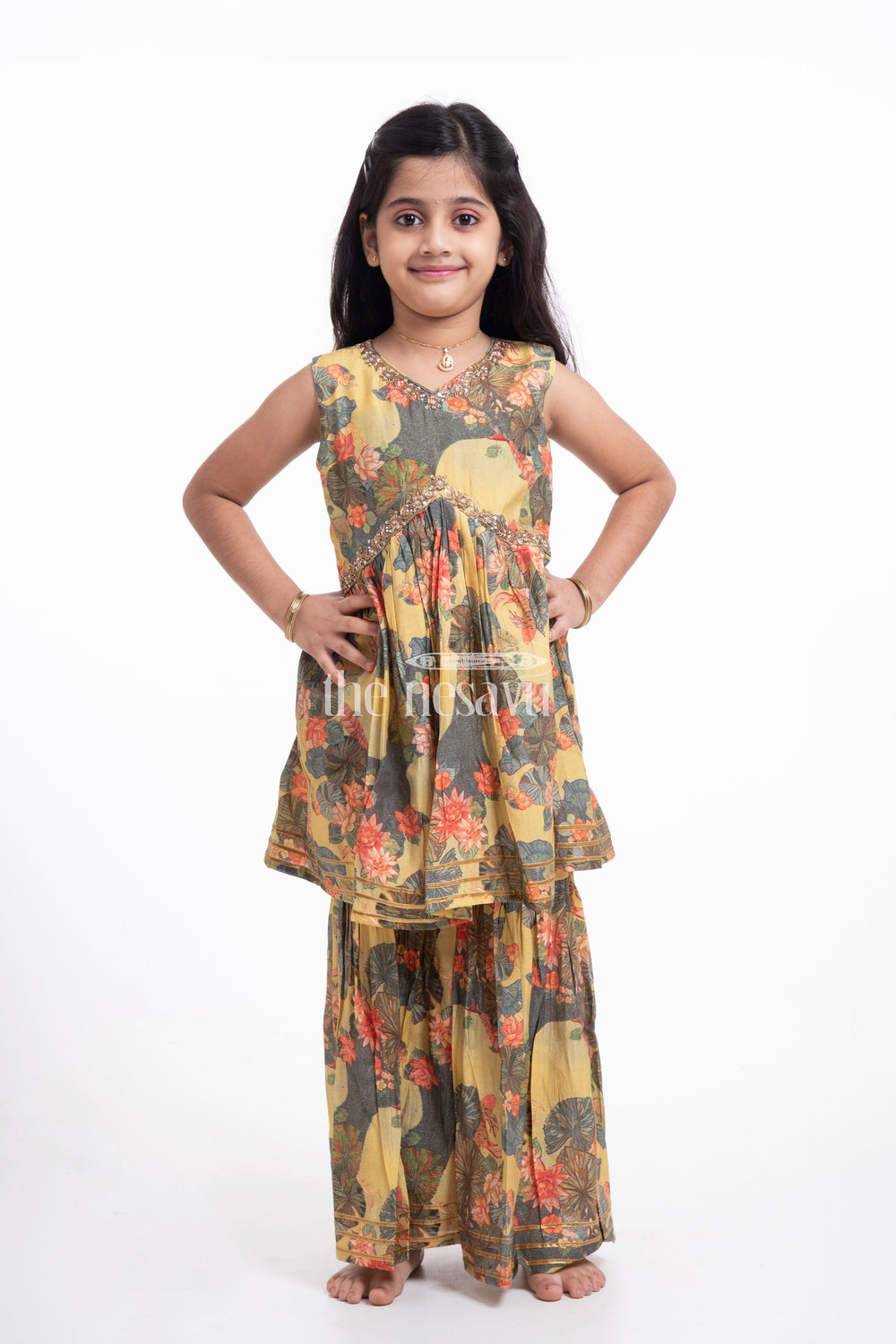 The Nesavu Girls Sharara / Plazo Set Nesavu Modal Silk Printed Sharara Plazo Dress Design for Girls Dussehra Special Hand Embroidered Nesavu Nesavu Modal Silk Sharara Plazo Dress Design for Girls | Dussehra Special